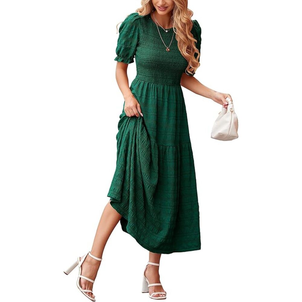 Women's Dark Green Polyester Crew Neck Short Sleeve A Line Casual Midi Dress